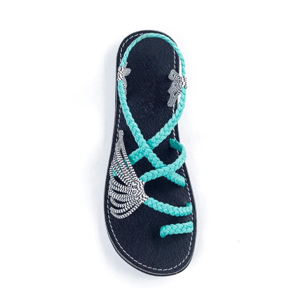 Plaka Palm Leaf. Women's Turquoise-Zebra Flat Sandal Shoes Size 7M